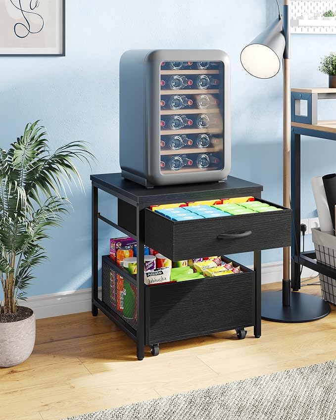End Table, 19.7 Inch Square Side Table, Mini Fridge Stand with Storage, Nightstand with Mobile Basket Cart, for Living Room, Bedroom, Black TBZ55BB