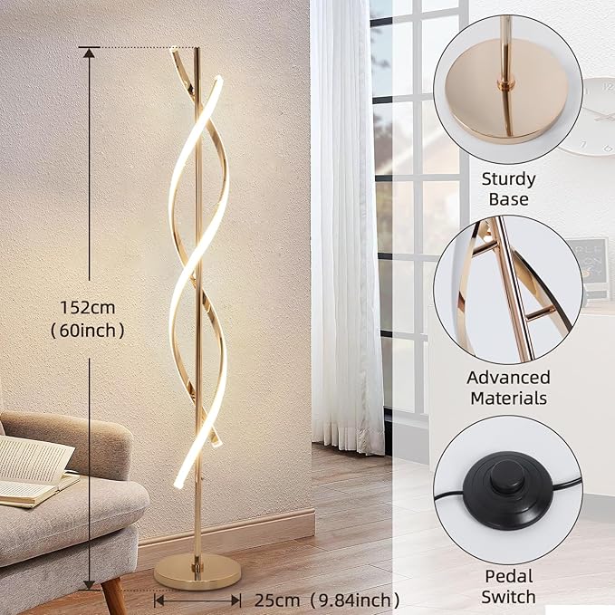 ADISUN 40W LED Floor Lamp Remote Control Dimmable Spiral Floor Lamp Indoor Tall Lamp Floor Lamps for Living Rooms Family Rooms Bedrooms Offices Lighting (Gold)