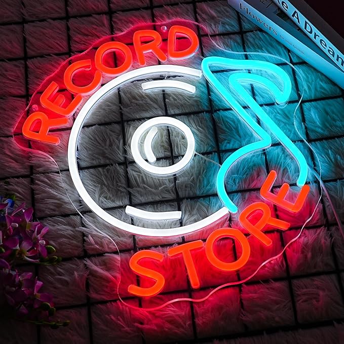 Record Store Neon Sign Music Neon Signs for Wall Decor Letter Neon Light Record Player Sign for Music Studio Decor Live Music Neon Light Sign for Bar Music Decor(Red white)