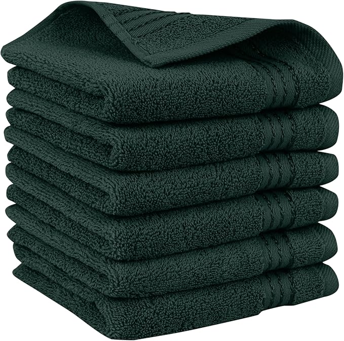 Elegant Comfort Premium Turkish Cotton 6 Pack Washcloths Set - 13 x 13 inch, Luxurious Hotel Spa Quality 100% Turkish Cotton 6PC Washcloth Set - Highly Absorbent - Soft Bathroom Towels, Hunter Green