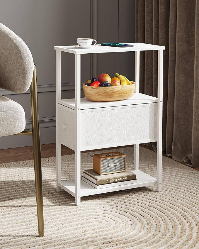 TUTOTAK Set of 2 Small Narrow End Table, Side Table, Nightstand with Cloth Drawer, Couch Table, for Living Room, Bedroom, Bedside, White TB01BW057