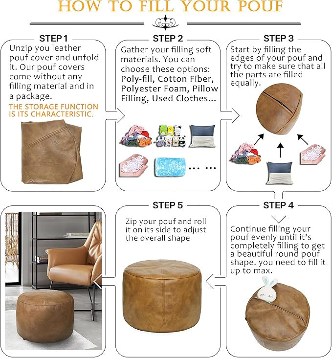 Thgonwid Unstuffed Faux Leather Pouf Cover, Handmade Footstool Ottoman Storage Solution, Floor Footrest Cushion - 16.5”Dx12”H, Mocha