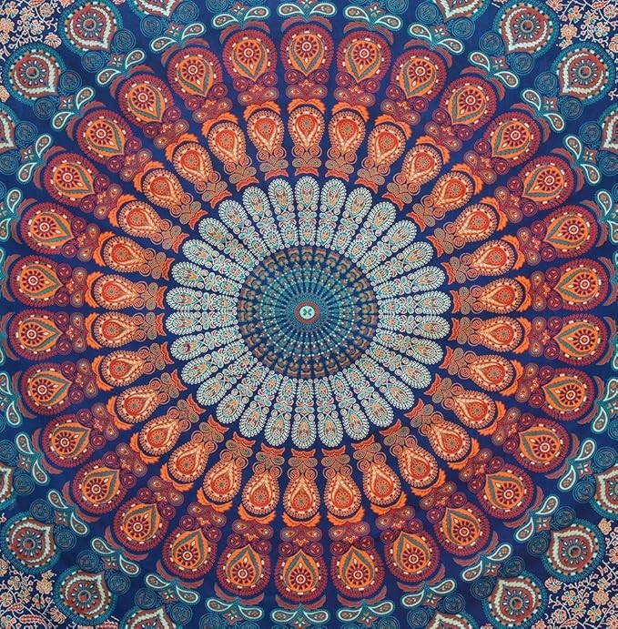 Bless International Handmade Indian hippie Bohemian Psychedelic Peacock Mandala Wall hanging College Dorm Beach Throws Table Cloth Bedding Tapestry (Golden Blue, Twin(54x72Inches)(140x185cms))