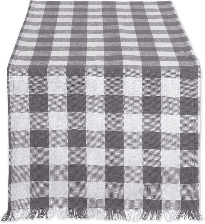 DII Heavyweight Fringed Check Tabletop Collection, Table Runner, 14x72, Gray
