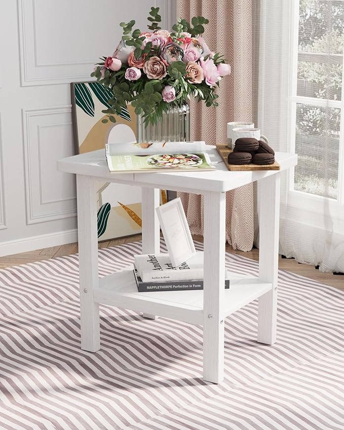2-Tier Adirondack Square Outdoor Side Table, Pool Composite Patio Table, Weather Resistant End Table for Patio, Backyard, Pool, Easy Maintenance - White