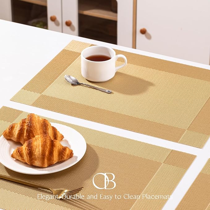 Placemats Set of 12 - Easy Clean Woven Vinyl Placemats for Dining Table, Indoor/Outdoor Place Mats, Washable PVC Table Mats(Gold Cube)