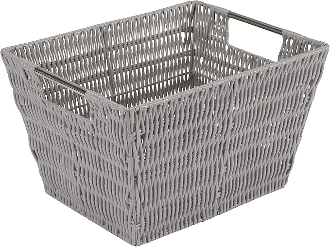 Simplify 12"x10"x8" Medium Woven Basket for Storage with Handles, Nursery, Playroom, Toys, Bedroom, Closet, Clothes, Office, Decorative Organizer Rattan Totes, Grey
