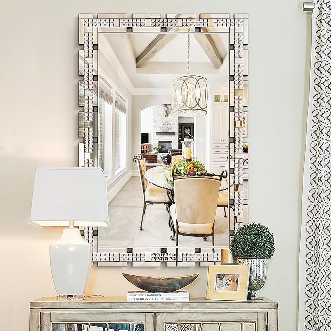Chende 32" x 47" Large Wall Mirror for Decor, Living Room Decorative Mirror with Crystal, Beveled Edge and Glass Frame, Modern Rectangular Wall Decor Entrance, Fireplace, Home Office