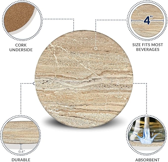 Emerson Coasters for Drinks Absorbent – Natural Stone Drink Coasters Set with Holder, Coasters for Coffee Table, Wooden Tabletop Protection Marble Style – 100% Heavy Duty Set of 6 (Sandstone)