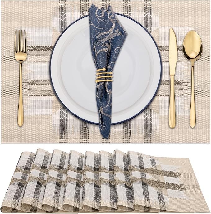 Winknowl Placemats Set of 8, Heat Resistant Stain Resistant Woven Vinyl Insulation Place mats, Durable Washable Elegant Table Mats for Kitchen Dining Table Decor (Geometric Beige)