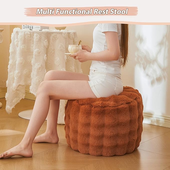 LIFEREVO Faux Rabbit Fur Round Inflatable Pouf Ottoman, 20" X 16" Fluffy Waffle Bubble Floor Poufs Foot Rest for Living Room Bedroom, Furry Pouf Foot Stool Kids Girls Adults, Anti-Slip, Burnt Orange