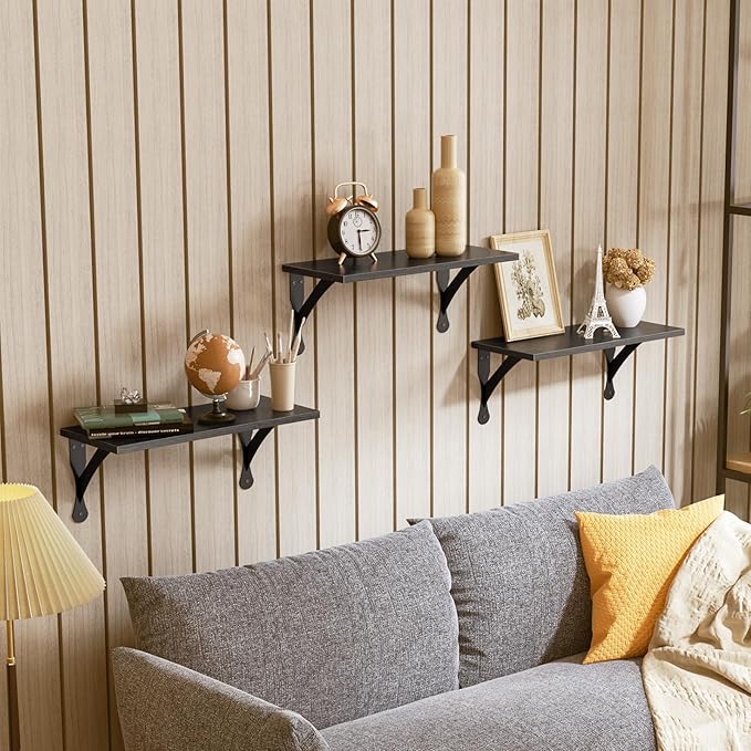 Wood Floating Shelves Set of 3, Wide Display Shelf Wall Mounted with Brackets, Easy Hanging Floating Shelves for Bedroom, Kitchen, Living Room, Bathroom (Black Wood Veins)