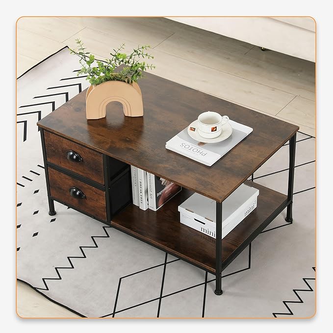 SENIG Coffee Table with Drawers, Coffee Table for Living Room, 2-Tier Coffee Tables with Storage Drawers,Brown Coffee Tables for Small Spaces, Rectangle Wood Ttable, Metal Side End Table