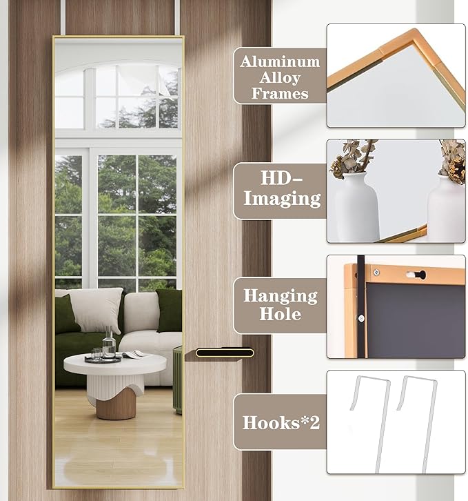 Over The Door Full Length Mirror, Wall Mounted 14"x 48" Full Body, Back of Door Hanging for Bedroom Living Room, Gold