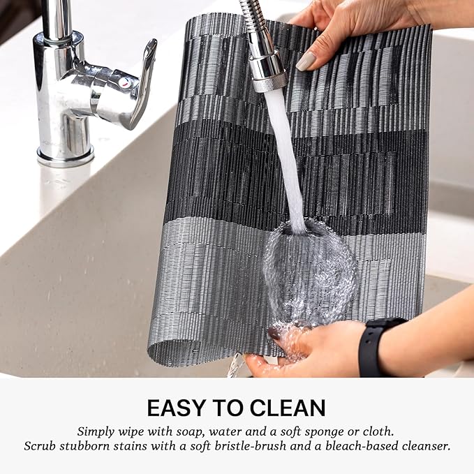 LEXMORE Placemats Set of 4 Vinyl/Plastic Woven Place Mats for Kitchen Table Indoor/Outdoor Washable Placemat Wipeable Dining Table Mats(Silver Gray Black)