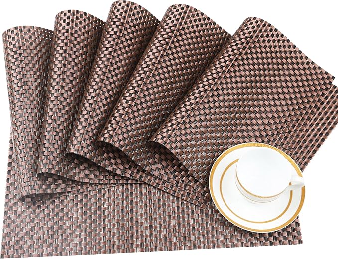 Vinyl Plastic Placemats Set of 6 Washable Heat Resistant Non-Slip Elegant Indoor Outdoor Kitchen Dining PVC Woven Table Place Mats (Black Red Weaving)