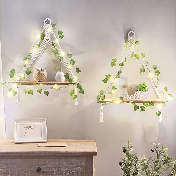 Mkono Artificial Ivy Macrame Hanging Shelves with Lights Set of 2 Boho Wall Decor Display Plants Photos Wood Floating Storage Shelf for Bedroom Bathroom Living Room Nursery Dorm Kitchen, White