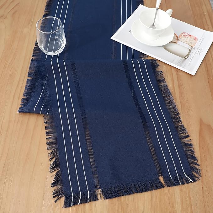 Chassic Farmhouse Style Table Runners, Rustic Boho 108 inches Long Table Runner for Dining Room,Holiday, Party and Wedding Tabletops Decor, 14 x 108 inch - Navy Blue