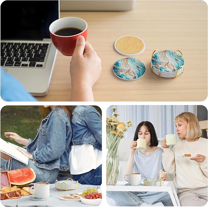 Coasters for Drinks Set of 4, Absorbent Ocean Style Marble with Metal Golden Holder, Ceramic Coaster Set Cup Mat for Home Decor, Bar, Kitchen, Party