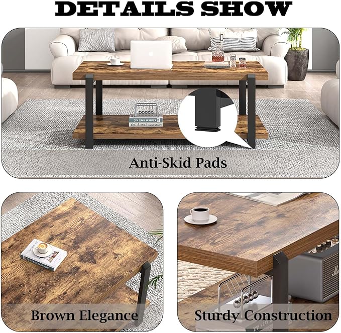 FOLUBAN Modern Coffee Table, Rustic Wood Center Table with Storage for Living Room, Industrial Rectangle 2 Tier Low Cocktail Tea Table, Rustic Brown