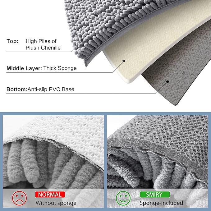 Smiry Luxury Chenille Bathroom Rugs 24x16, Extra Soft and Absorbent Shaggy Bath Mat, Machine Washable, Non-Slip Plush Carpet Runner for Tub, Shower, and Floor, Home Decor Accessories, Grey