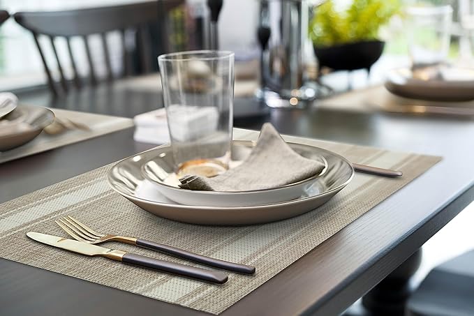 More Décor Dining Table Placemats, Washable Heat-Resistant PVC Vinyl Table Mats for Dining Room and Kitchen, Anti-Slip - Set of 4 - Horizontal Striped White- Beige