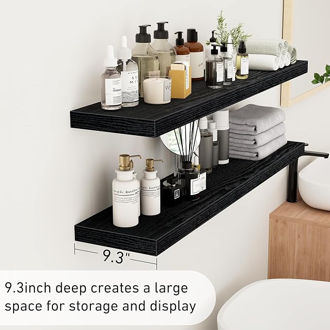 48Inch Floating Shelves, 9.3Inch Deep Rustic Wall Shelves - Extra Deeper & Thicker Wall Mounted Storage Shelf for Kitchen, Farmhouse - Set of 2 - Rustic Black