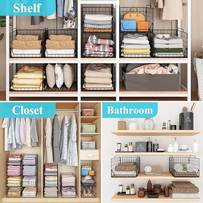 Stackable Closet Organizers and Storage Bins 4 Pack, Sturdy Metal Clothes Storage Container for Clothes Pants Sweaters, Black Folded Drawer Shelf Organizer for Closet Wardrobe