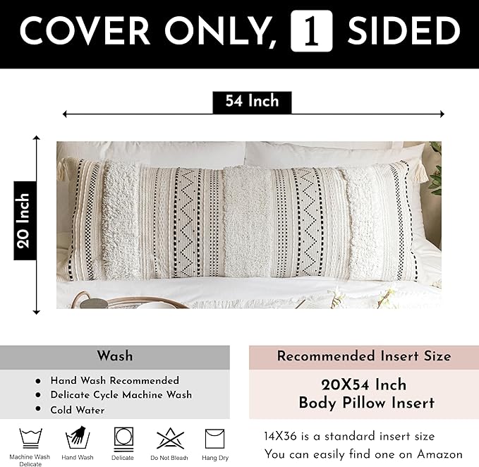 Large Body Pillow Cover for Bed 20x54 Boho Accent Oversized Long Pillowcase for Bedroom Black Neutral White Decorative Cushion Farmhouse Home Décor (Cover ONLY, Pack of 1)