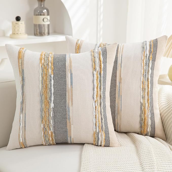 Boho Pillow Covers 18x18 Set of 2 for Couch-Modern Farmhouse Sofa Decorative Throw Pillow Covers Textured Chenille Cushion Covers Outdoor Netural Bohemian Pillow Cases Square
