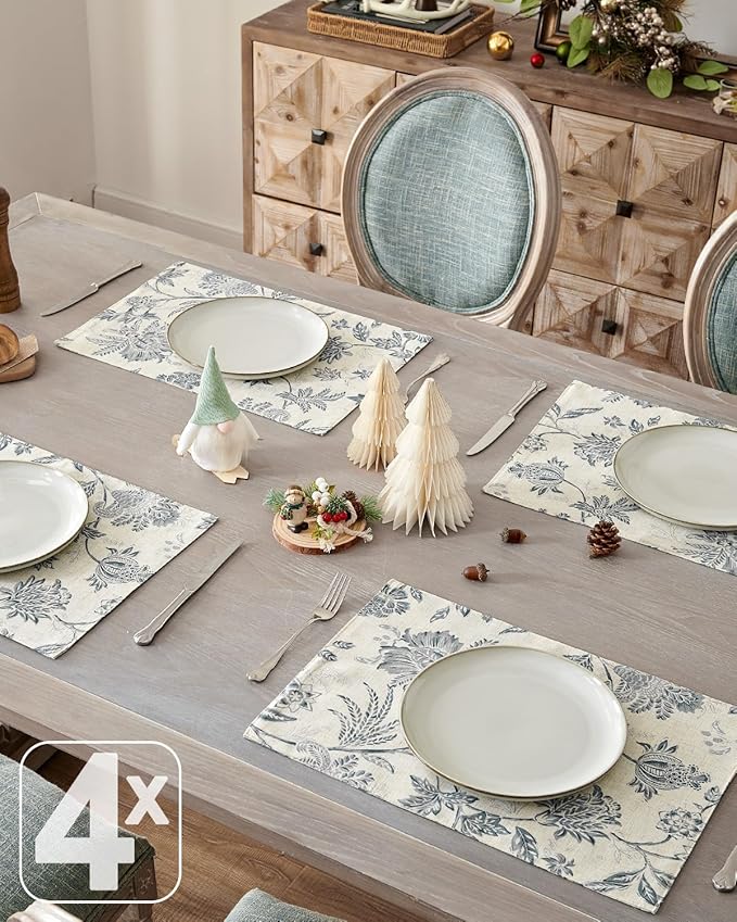 JINCHAN Linen Floral Fall Placemats Set of 4 Cloth Table Mats Rustic Cottagecore Jacobean Outdoor Seasonal for Kitchen Dining Table Decor Non-Slip Washable Tablemats 13x19 Inch Blue