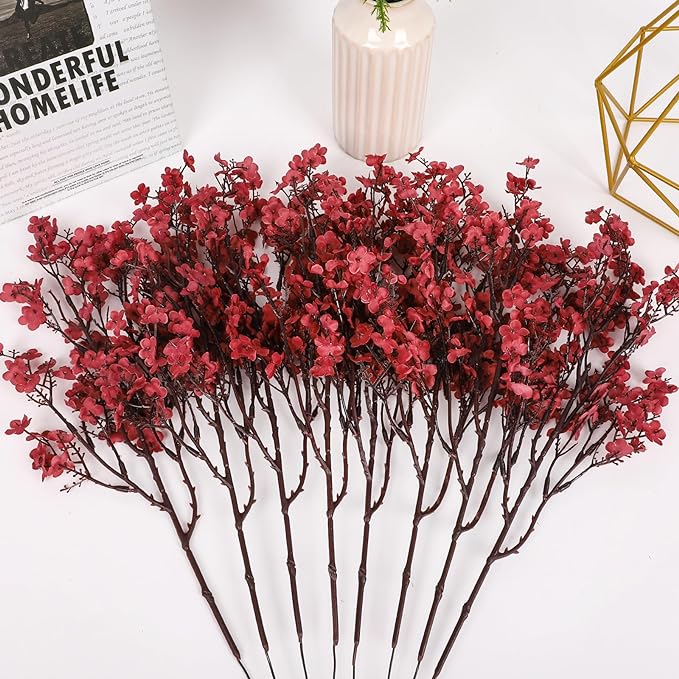 8Pcs Baby Breath Artificial Flowers,Real Touch Red Silk Flowers Bundles Fake Flowers for Vase Home Office Wedding Spring Winter Indoor Outdoor Centerpiece Table Party Decoration