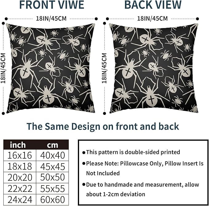Black Halloween Pillow Covers 16x16 Set of 2 Cream Spider Print Outdoor Decorative Throw Pillows Holiday Scary Themed Farmhouse Pillowcases Linen Cushion Case Decor for Home Sofa Couch Bed
