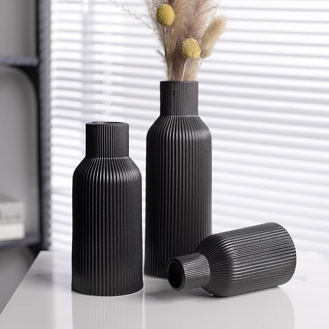 Black Ceramic Vases Set of 3,Farmhouse Decor, Home Decor, Pampas Grass Vases for Kitchen, Bedroom, Office, Living Room, Bathroom, Wedding, Entryway, Table Centerpieces, Gifts Women Mom