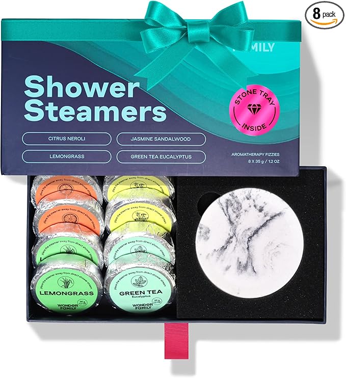 Vapor Shower Tablets with Stone Tray - 8 Pack Bath Bombs for Women Relaxing Bulk - Blue Shower Steamers Aromatherapy Bathbombs for Adults - Spa Gifts for Women & Men - Shower Steamers Gift Set