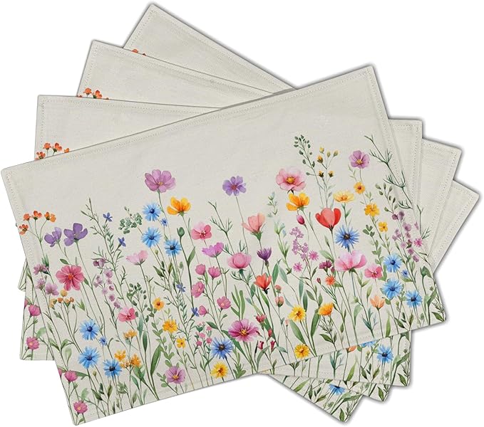 Giwawa 4PCs Spring Floral Placemats Summer Wildflowers Place Mat 12x18 Inch Watercolor Herb Flowers Washable Heat Resistant Table Mats for Kitchen Dining Party Picnic Seasonal Decor