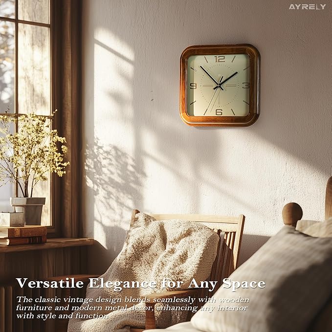 AYRELY® Rectangular Wooden Wall Clock – 16 Inch Large Vintage Wall Clock with Solid Elm Wood Frame, Metal Dial – Decorative Battery Operated Clock for Living Room, Kitchen, Office