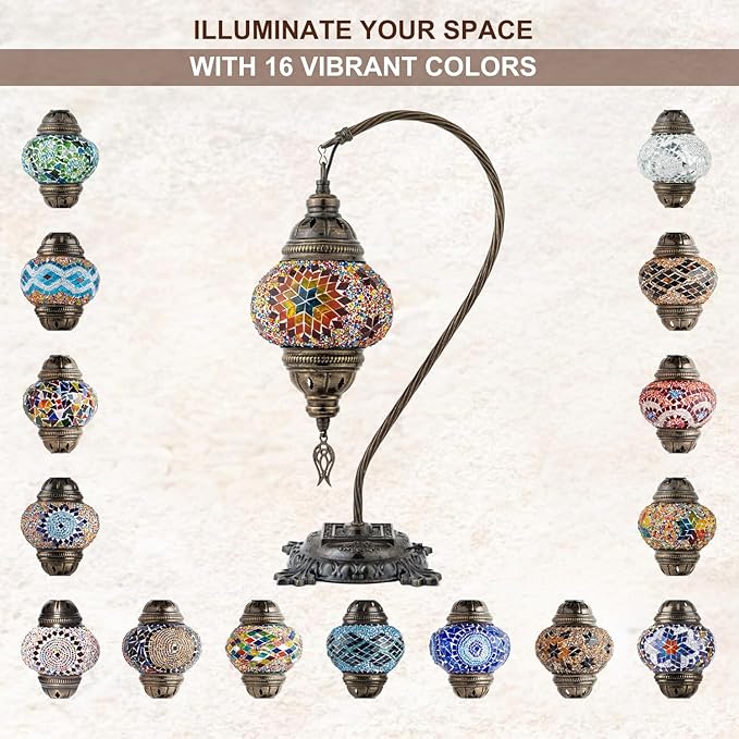 Kafthan Turkish Moroccan Mosaic Lamp – Handmade Glass Swan Neck Bedside Lamp with Antique Brass Base, Ideal Decor for Bedroom, Office, Living Room – Bulb Included (Multicolor Center Star)