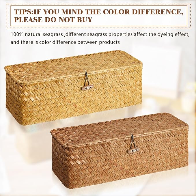 Cunhill 2 Pieces Seagrass Baskets with Lid Toilet Paper Basket with Lid Rectangular Hand Woven Wicker Bin Storage Box for Toilet Dresser Shelves Organizing(12.6 x 4.72 x 4.33 Inches,Natural Color)