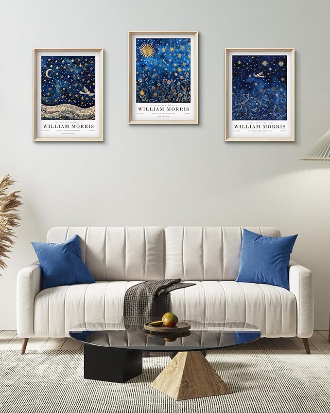 HesenDot Framed William Morris Moon and Stars Canvas Wall Art,Vintage Wall Art Prints Painting,16x12IN High Framed Design Prints,Textile Art Decor for Living Room,Bedroom,Gallery,Office Set of 3