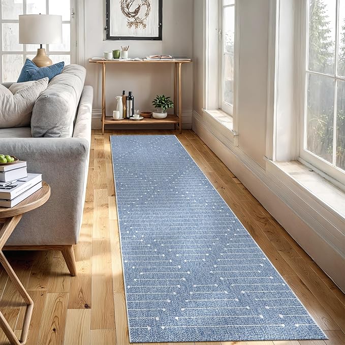 LIVEBOX Blue Runner Rug for Kitchen, 2'x8' Boho Washable Rug Runner for Hallway,Moroccan Cotton Long Entryway Area Rug Indoor Carpet for Bedroom Laundry Doorway Entry