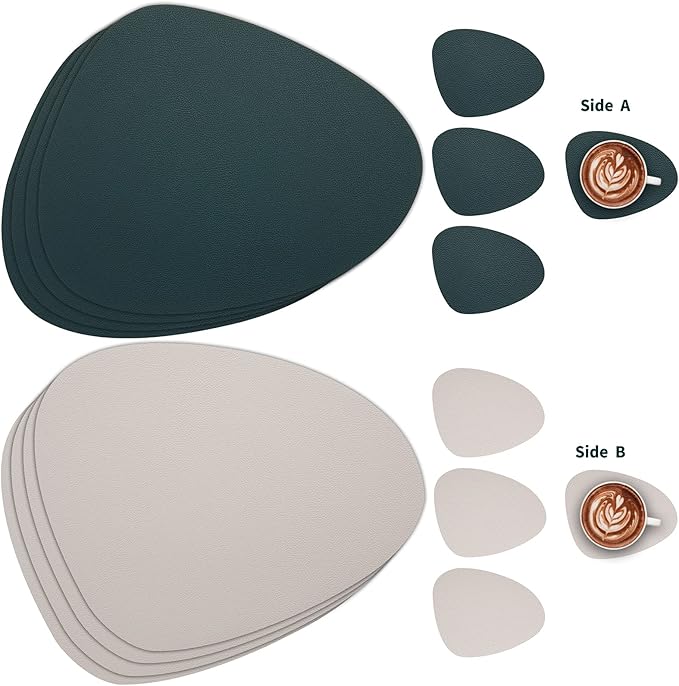 Myir JUN Placemats, Dual-Sided Placemats Waterproof Faux Leather Placemats Set of 4 Place Mats and Coasters Non-Slip Washable Table Mats for Dining Table (Beige Green, Set of 4)