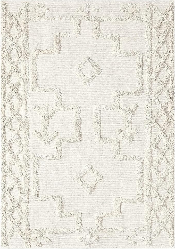 Uphome Boho Area Rug 3' x 5', Cream Washable Cotton Woven Entryway Rug with Tassels, Moroccan Tufted Bedroom Rug, Farmhouse Tribal Floor Carpet for Entry Office Porch Living Room Kitchen