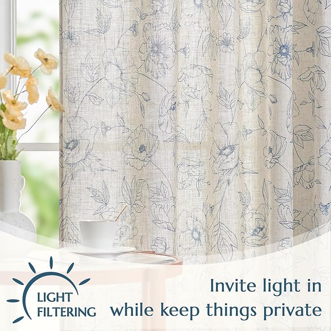 jinchan Floral Linen Curtains for Living Room 96 Inch Length Blue Flower Curtain Rod Pocket Back Tab Farmhouse Curtains with Printed Floral Bedroom Window Curtain Set, 2 Panels Blue