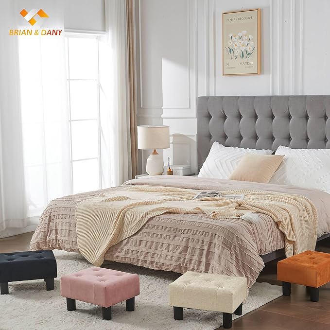 BRIAN & DANY Small Foot Stool, Linen Foot Stools with Legs, Stable Small Footstool for Living Room, Beige