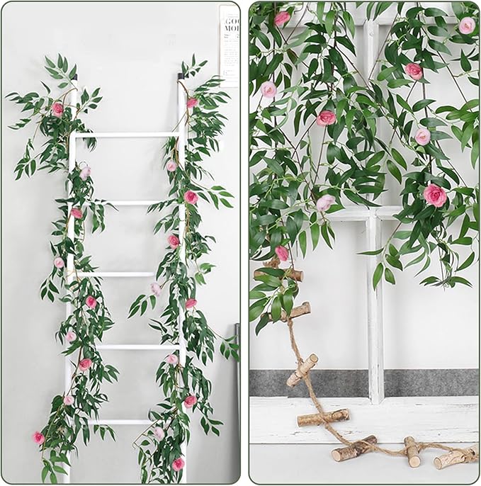 RECUTMS Artificial Hanging Willow Leaves Vine Twigs Whit Roses Flower 2Pc 5.7Ft Faux Ivy Plant Silk Green Leaf Rose Floral Garland Greenery Indoor Outdoor Wedding Jungle Birthday Party Garden Decor