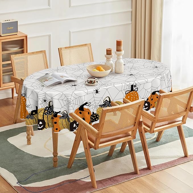 Horaldaily Halloween Tablecloth 60×84 Inch Oval, Jack-O-Lantern Pumpkin Cobweb Scary Themed Washable Table Cover for Party Picnic Dinner Decor
