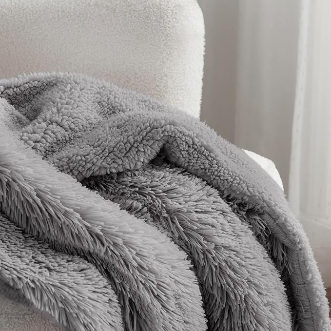 Bedsure Fuzzy Sherpa Faux Fur Twin Blanket Grey Cozy Gifts for Women Men, Soft Fleece Plush Warm Minky Thick Blanket Twin Size for Bed, Couch, Room Decor Dorm Essentials Grey Decor Gifts, 60x80