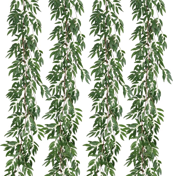4Pcs Artificial Willow Leaves Vine Twigs 5.7Ft Silk Willows Leaf Ivy Garland Faux Greenery Ivy Plant Decoration for Indoor Outdoor Wedding Jungle Beach Birthday Party Garden Table Spring Summer
