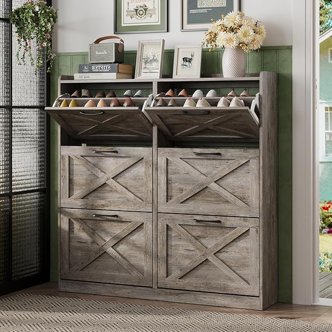 Maupvit Large Shoe Storage Cabinet with 6 Flip Drawers, Freestanding Shoe Organizer with Metal Handles for Entryway, Narrow Shoe Rack Cabinet, Light Rustic Oak